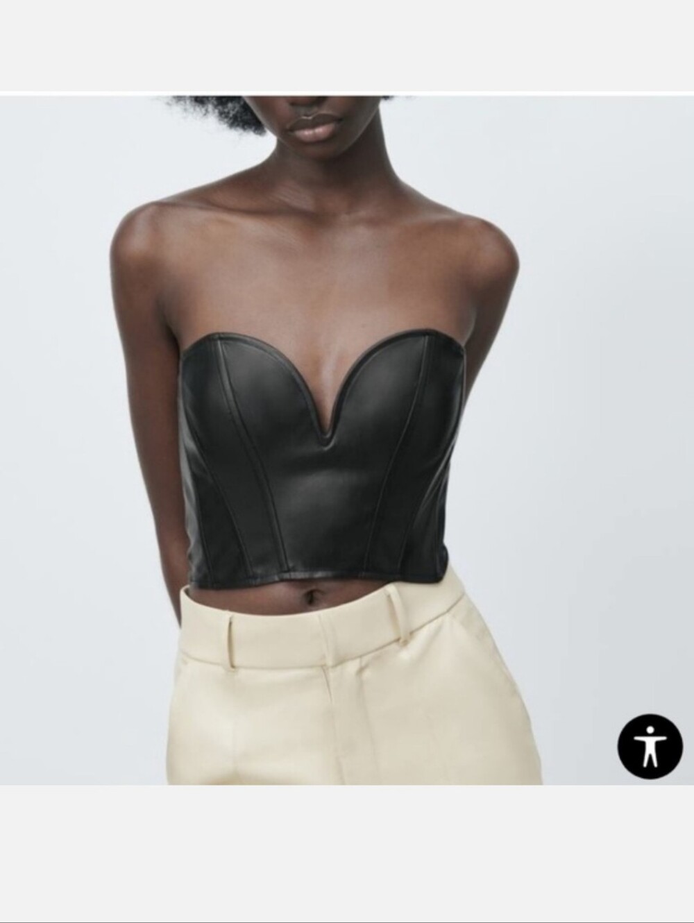 ZARA Strapless Black Faux Leather Corset Sweetheart Neckline Crop Top Sz M